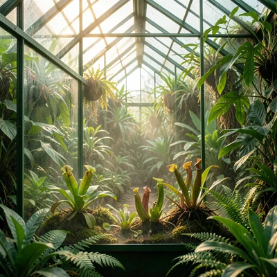 A carnivorous plant display: Venus flytraps and pitcher plants in a misty terrar