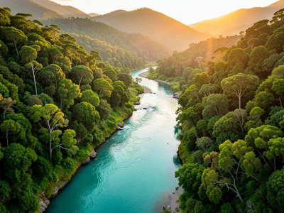 Aerial view of a turquoise river winding through a lush green valley
