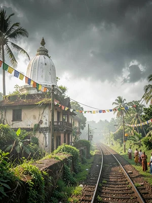 White dagoba monsoon sky