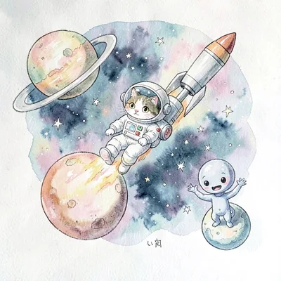 Pen-and-ink coloring page of a space scene — astronaut cat floating between plan