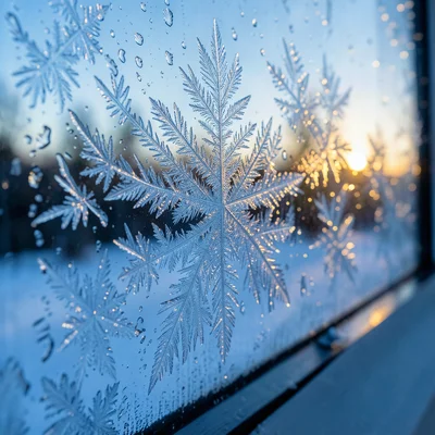 Ice crystals forming on a window pane, backlit by cold blue winter light
