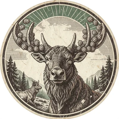 Craft beer label illustration, Moose head with antlers made of hop cones , brewe