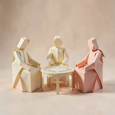 Papercraft motif of three folded-paper figures gathered around a small paper-cut