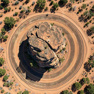 Rock outcrop at midday from above, shadow forming concentric oval around base