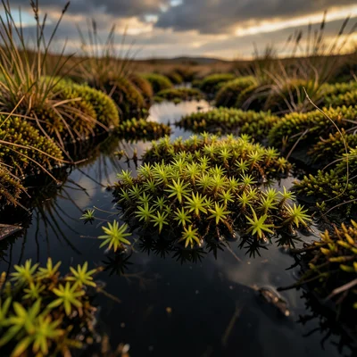 Sphagnum moss close-up — lime green star-shaped plants growing on the surface of