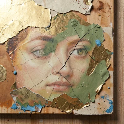 Layered mixed-media painting on wooden panel, Mediterranean studio light, earth 