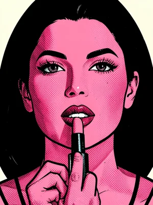 Woman applying lipstick, close-up, bold black outline, flat pink skin