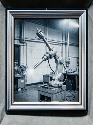 A six-axis robotic welding arm frozen mid-arc in an automotive assembly line, ce