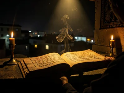 Dramatic light through darkness in Addis Ababa, Ethiopia, Ancient Ge'ez manuscri