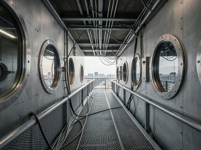 Maintenance walkway bridging two towers — perforated metal grating, cables, city