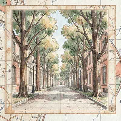 Old-world map vignette of a tree-lined avenue rendered in soft watercolor, terra