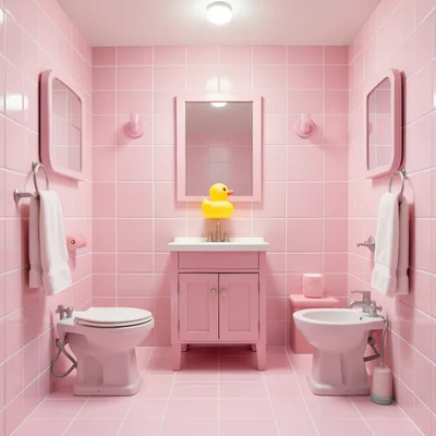 Bathroom in all-pink: tiles, fixtures, towels, single yellow rubber duck for con