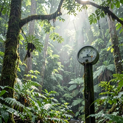 Monteverde cloud forest, filtered canopy light, Rain gauge overflowing on a post