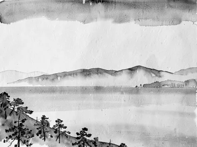 Lake and sky merging in continuous gray