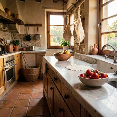 a Tuscan farmhouse kitchen at golden hour, terracotta floor warmed to amber, a l