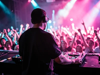 DJ booth from behind, hands on decks, crowd a blur of raised arms, everything pi