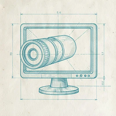 Blueprint-style schematic of a monitor camera drawn in fine cyan rules on cream 