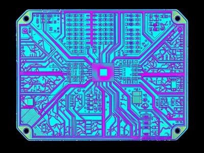 Logic block routing channels, chaotic metal interconnect traces in false-color c