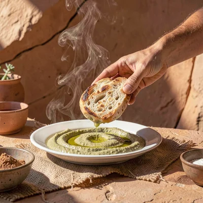 Warm desert-toned photograph, Hand breaking fresh taboon bread over hummus plate