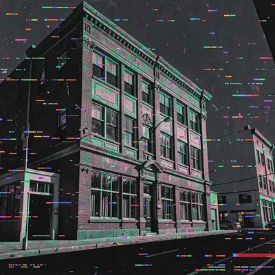 Glitch art illustration, building facade with scan lines , digital corruption ar