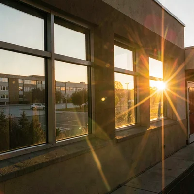 Hospital exterior windows catching the last warm light of day