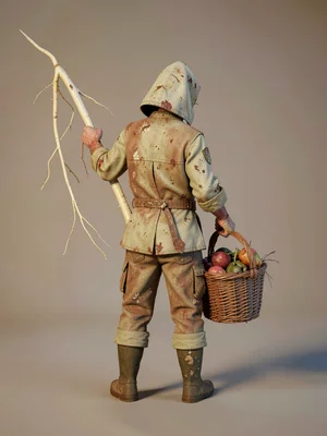 A root-gatherer back-turned straightens up holding a long pale taproot triumphan