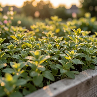 Mint spreading across a raised bed, the serrated leaf edges lit from behind like