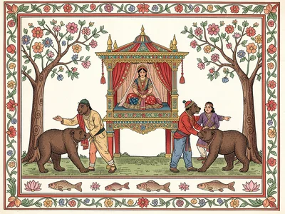 Wedding palanquin carried by four bearers, bride inside, flowering trees on eith