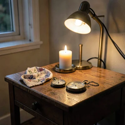 A small cabin nightstand with a folded bandana, a brass pocket-watch, and a sing