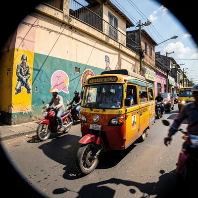 Harsh equatorial noon light casting deep shadows, Okada motorcycle taxi weaving 