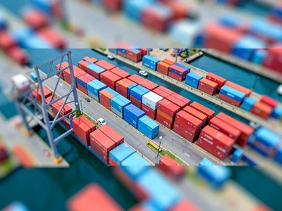 Elevated tilt-shift view from a harbor bridge of a freight quay packed with cher
