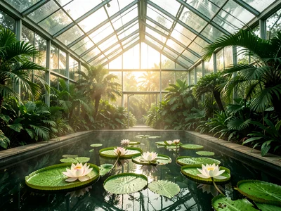 A tropical water lily house: Victoria amazonica pads floating on a heated pool, 