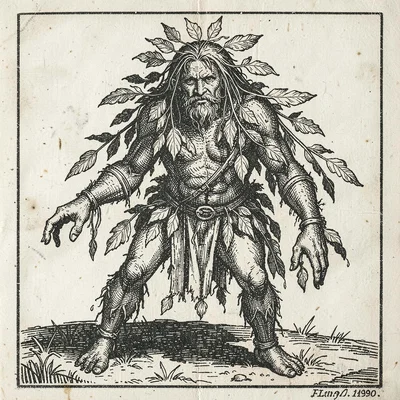 A wild man covered in leaves