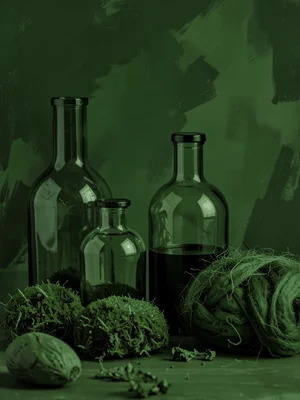 Forest green composition, moss, glass bottles, wool, deep green tonal variations