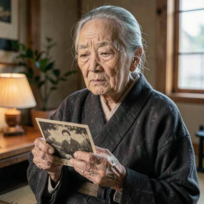 A wistful elder Japanese widow in her eighties holding a faded photograph, lamp 