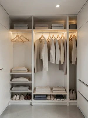 Organized closet with wooden hangers, folded sweaters, shoe rack, warm lighting