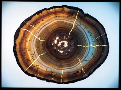 Septarian nodule cross-section, calcite-filled cracks creating golden lightning 