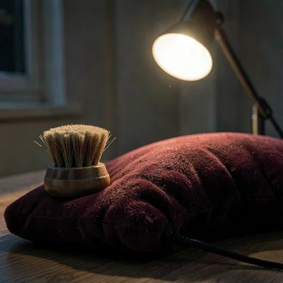 Tight detail of a brush rest beside a glowing reading lamp, plush burgundy pract