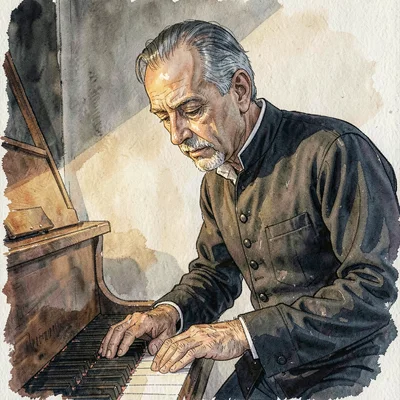 Sidelight portrait study of a craftsman in a dark waistcoat leaning over piano a