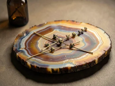 An agate slice the size of a saucer with three sprigs of dried herbs laid across