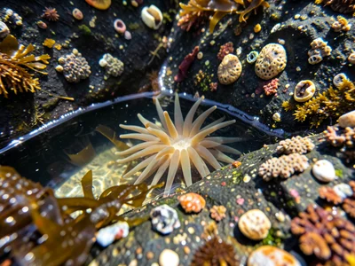 Tide pool surface tension, water bowed slightly above the rock rim, meniscus vis