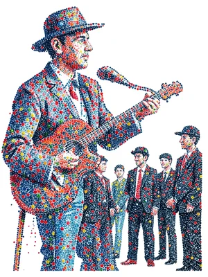 Street musician and a small crowd, all figures dissolved into dot formation