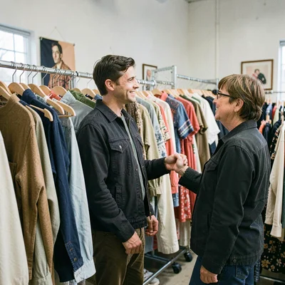 Documentary photography, unposed moment, Thrift store clothing rack, sustainable