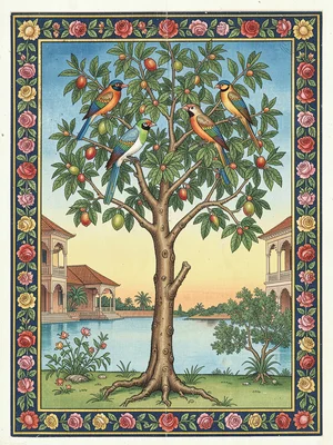 Flowering mango tree with two parrots perched in the upper branches, margin of r