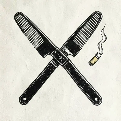 Hand-drawn riso composition of two crossed switchblade combs and a lit cigarette