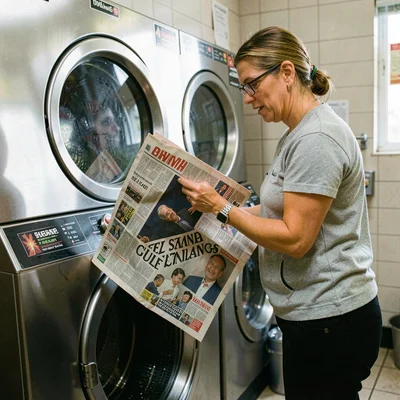 Laundromat portrait, woman reading tabloid over dryer hum