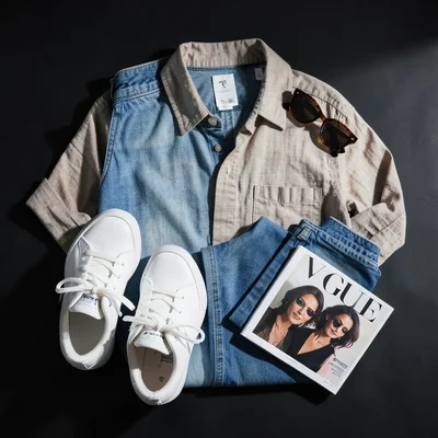 Flat lay of a curated outfit: white sneakers, folded jeans, linen shirt, sunglas