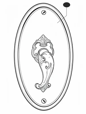 Linework of a single ornate door pull mounted on an oval back-plate, screw bosse