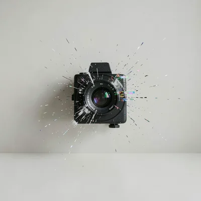 Film camera with digital glitch artifacts physically exploding from lens