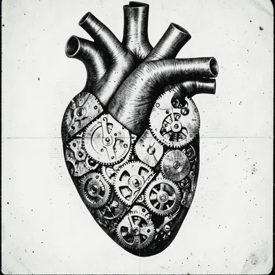An anatomical heart constructed from overlapping photocopied mechanical watch pa